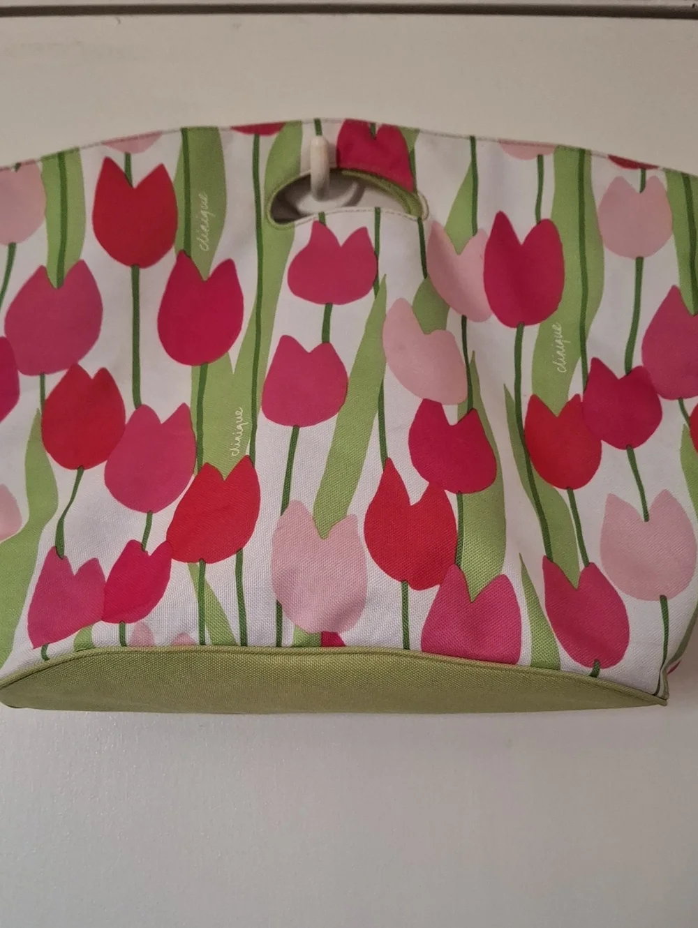 Clinique Pink Tulip Print Tote with Green Trim
